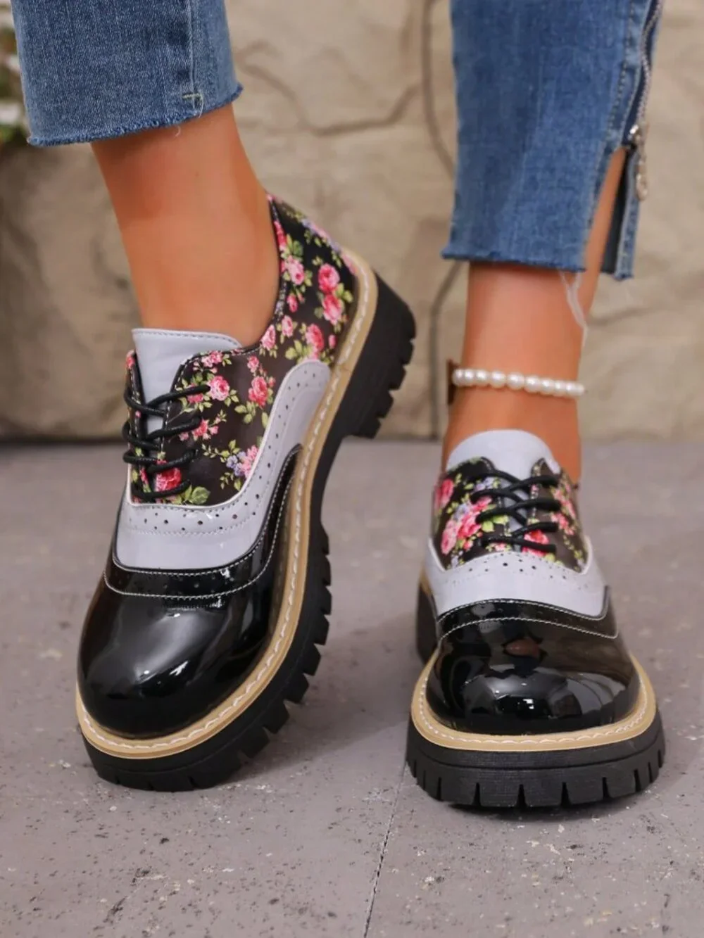 Black Preppy Women's Floral Patchwork Buckle Faux Leather Platform Penny Loafers